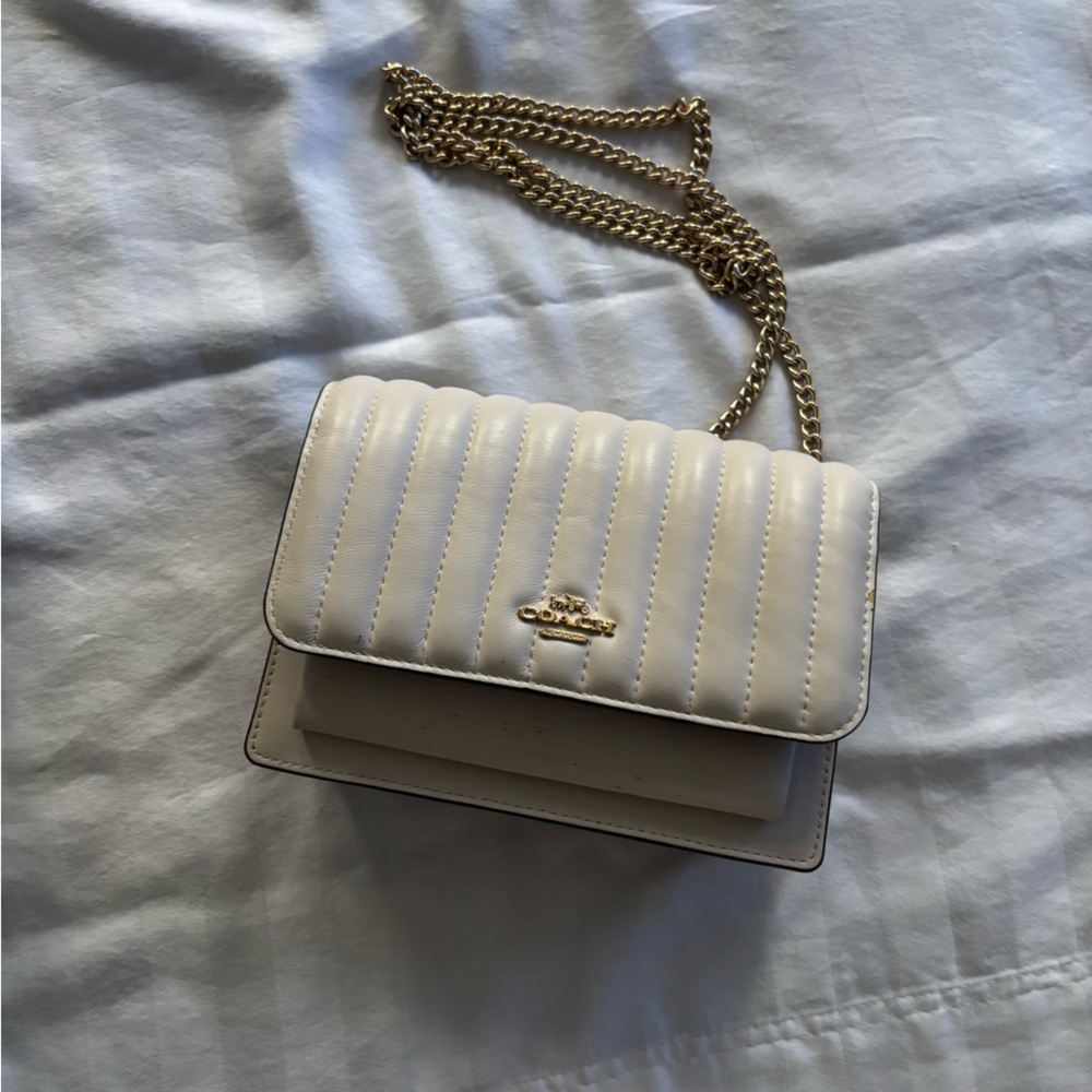 Coach Cream Quilted Crossbody Bag with Gold Chain